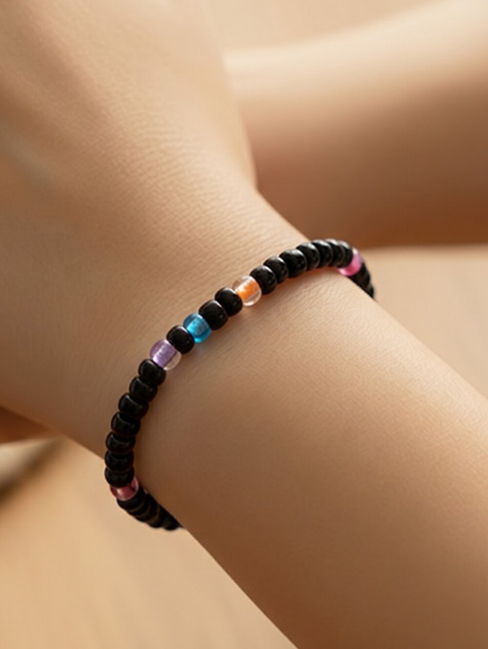 Black Beaded Bracelet Purple Blue Stretch Stack Jewelry Sleek Minimalist Cosmic